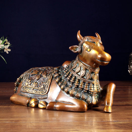 Brassaura® Pure Brass Engraved Nandi Statue with Double Chola Tone | Handcrafted Spiritual Décor | Weight 2.8 Kgs | Width 10 Inches