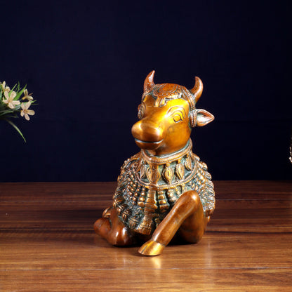 Brassaura™ Pure Brass Engraved Nandi Statue with Double Chola Tone | Handcrafted Spiritual Décor | Weight 2.8 Kgs | Width 10 Inches
