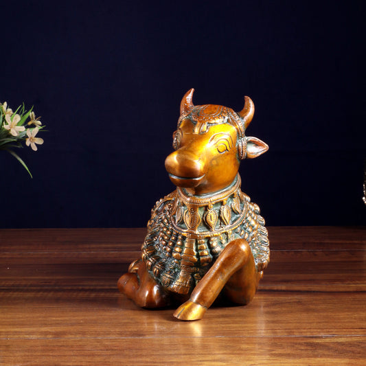 Brassaura™ Pure Brass Engraved Nandi Statue with Double Chola Tone | Handcrafted Spiritual Décor | Weight 2.8 Kgs | Width 10 Inches