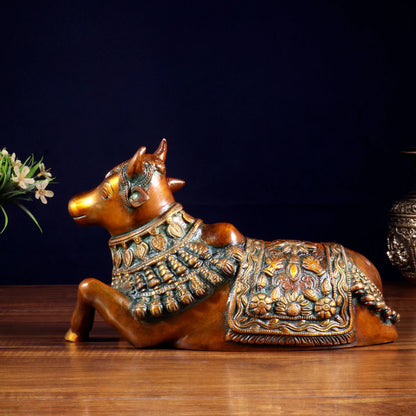Brassaura™ Pure Brass Engraved Nandi Statue with Double Chola Tone | Handcrafted Spiritual Décor | Weight 2.8 Kgs | Width 10 Inches