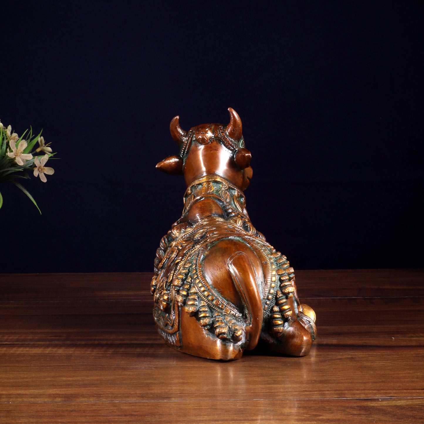 Brassaura™ Pure Brass Engraved Nandi Statue with Double Chola Tone | Handcrafted Spiritual Décor | Weight 2.8 Kgs | Width 10 Inches