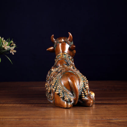 Brassaura™ Pure Brass Engraved Nandi Statue with Double Chola Tone | Handcrafted Spiritual Décor | Weight 2.8 Kgs | Width 10 Inches