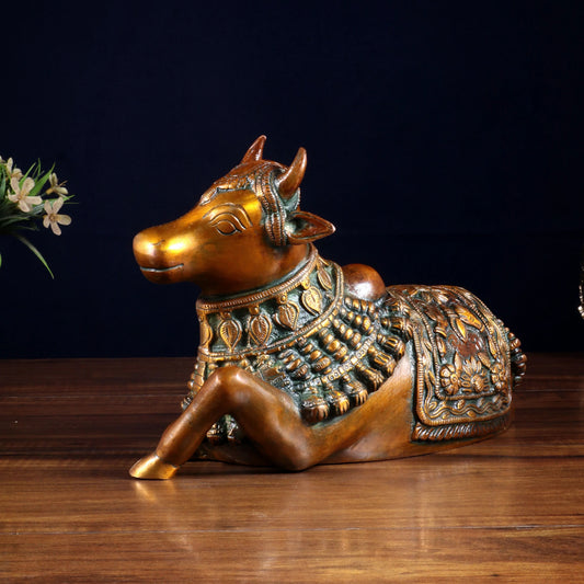 Brassaura® Pure Brass Engraved Nandi Statue with Double Chola Tone | Handcrafted Spiritual Décor | Weight 2.8 Kgs | Width 10 Inches