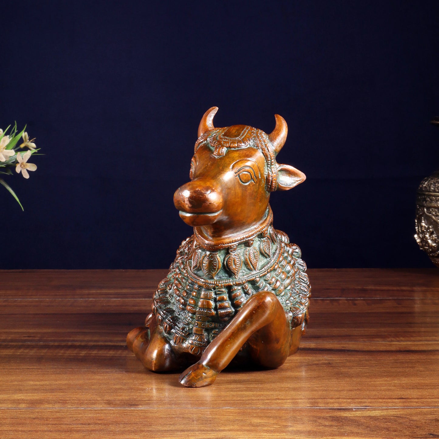 Brassaura™ Pure Brass Engraved Nandi Statue with Rustic Brown Tone | Handcrafted Spiritual Décor | Weight 2.8 Kgs | Width 10 Inches