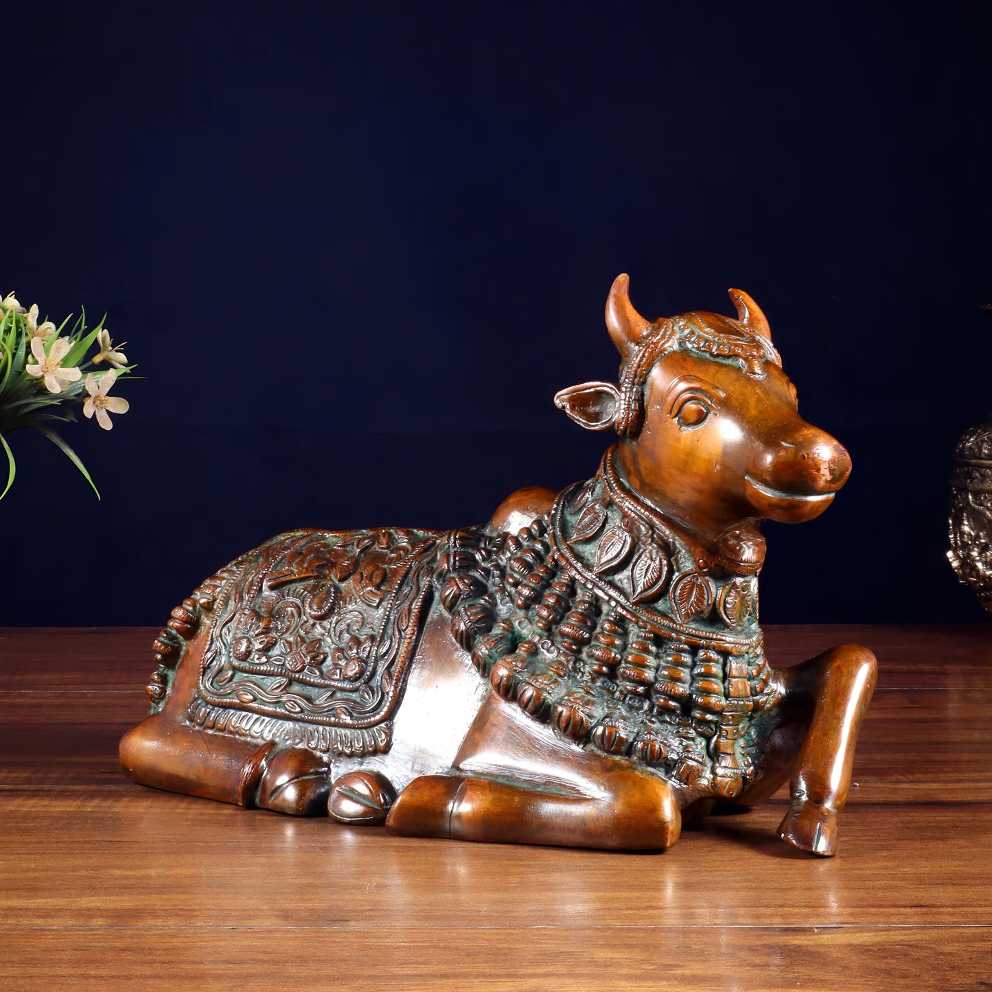 Brassaura™ Pure Brass Engraved Nandi Statue with Rustic Brown Tone | Handcrafted Spiritual Décor | Weight 2.8 Kgs | Width 10 Inches