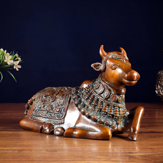Brassaura® Pure Brass Engraved Nandi Statue with Rustic Brown Tone | Handcrafted Spiritual Décor | Weight 2.8 Kgs | Width 10 Inches