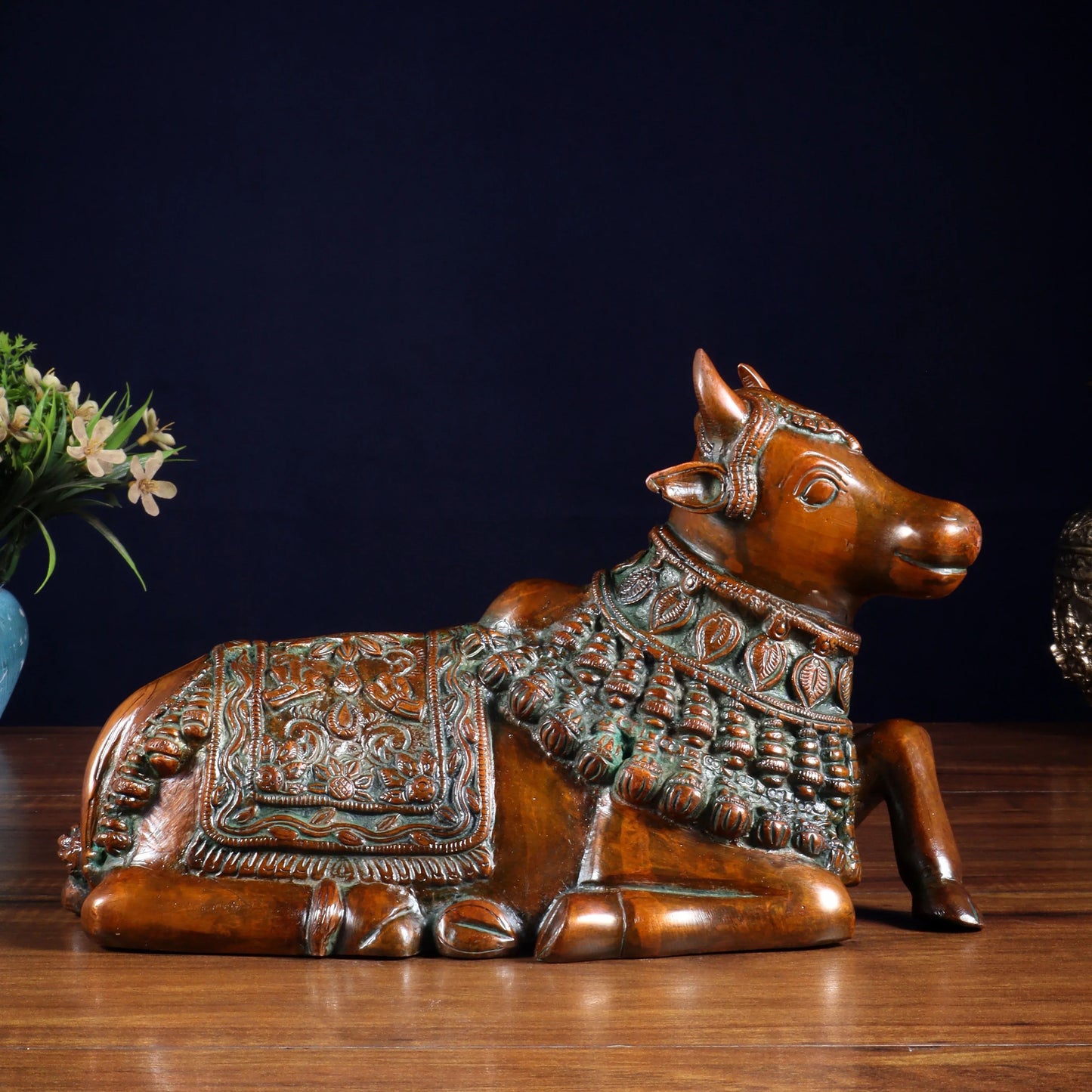 Brassaura™ Pure Brass Engraved Nandi Statue with Rustic Brown Tone | Handcrafted Spiritual Décor | Weight 2.8 Kgs | Width 10 Inches