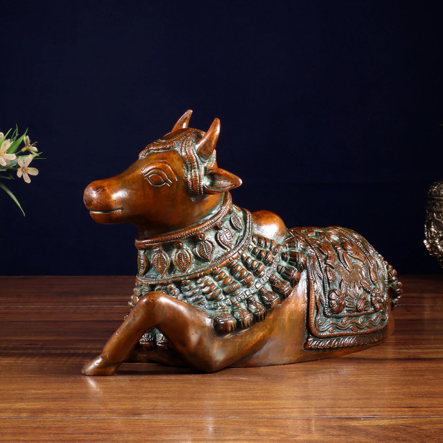 Brassaura™ Pure Brass Engraved Nandi Statue with Rustic Brown Tone | Handcrafted Spiritual Décor | Weight 2.8 Kgs | Width 10 Inches