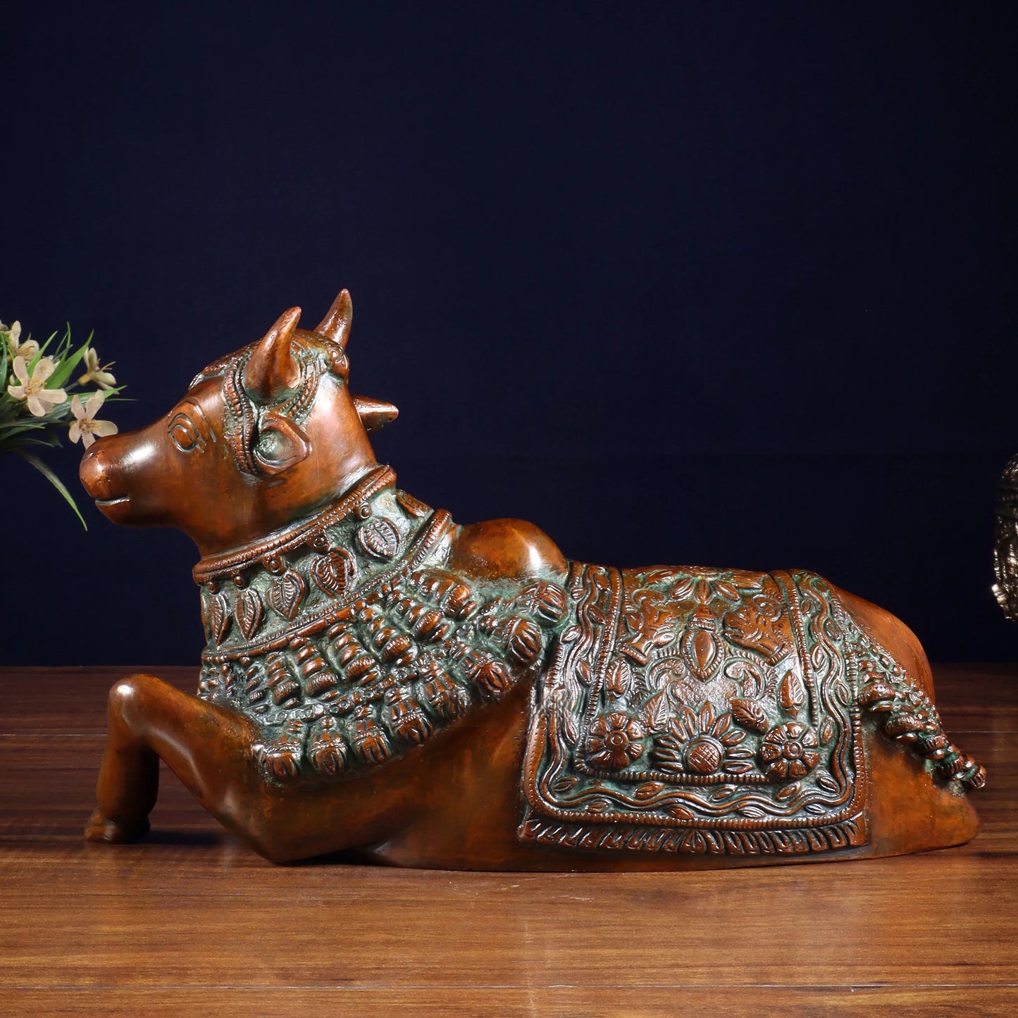 Brassaura™ Pure Brass Engraved Nandi Statue with Rustic Brown Tone | Handcrafted Spiritual Décor | Weight 2.8 Kgs | Width 10 Inches
