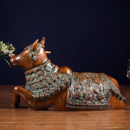 Brassaura™ Pure Brass Engraved Nandi Statue with Rustic Brown Tone | Handcrafted Spiritual Décor | Weight 2.8 Kgs | Width 10 Inches