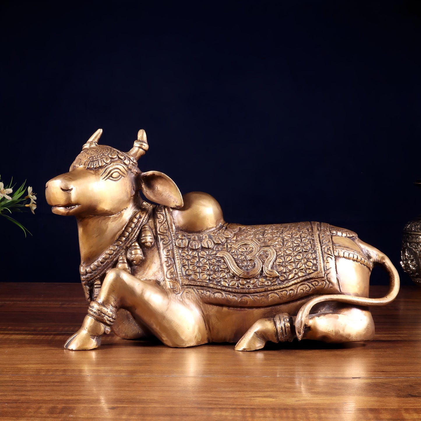 Brassaura™ Handcrafted Brass Nandi Statue with Om & Swastik Symbols | Traditional Spiritual Décor | Weight 7 Kgs | Height 7.5 Inches