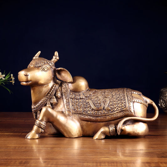 Brassaura® Handcrafted Brass Nandi Statue with Om & Swastik Symbols | Traditional Spiritual Décor | Weight 7 Kgs | Height 7.5 Inches