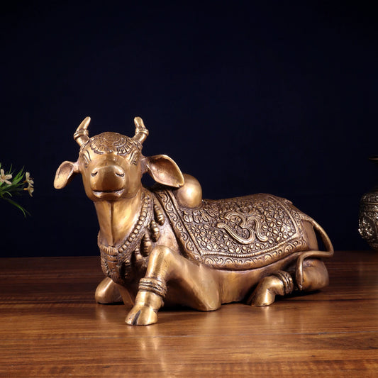 Brassaura™ Handcrafted Brass Nandi Statue with Om & Swastik Symbols | Traditional Spiritual Décor | Weight 7 Kgs | Height 7.5 Inches