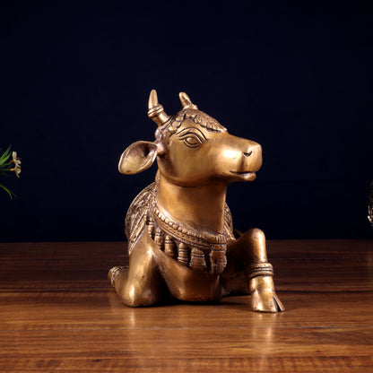 Brassaura™ Handcrafted Brass Nandi Statue with Om & Swastik Symbols | Traditional Spiritual Décor | Weight 7 Kgs | Height 7.5 Inches