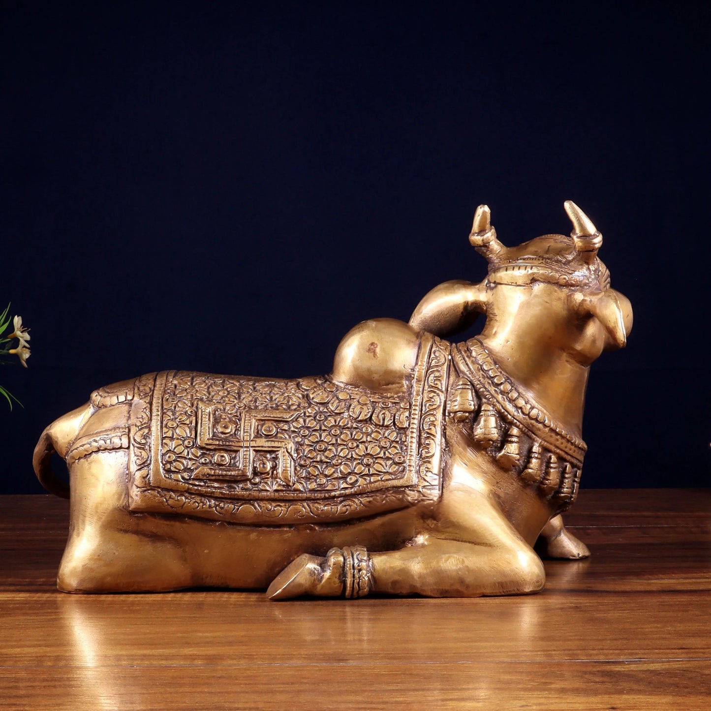 Brassaura™ Handcrafted Brass Nandi Statue with Om & Swastik Symbols | Traditional Spiritual Décor | Weight 7 Kgs | Height 7.5 Inches