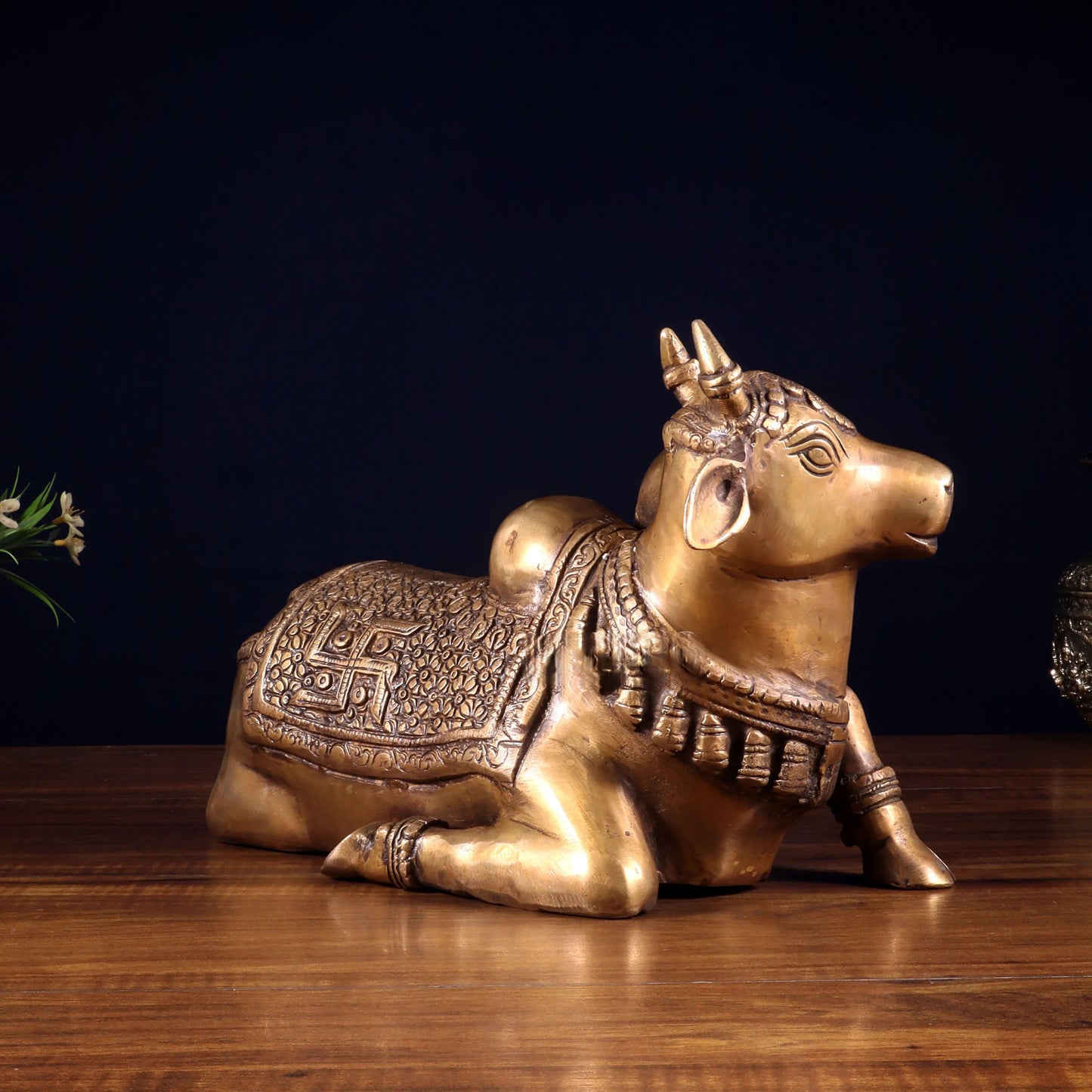 Brassaura™ Handcrafted Brass Nandi Statue with Om & Swastik Symbols | Traditional Spiritual Décor | Weight 7 Kgs | Height 7.5 Inches