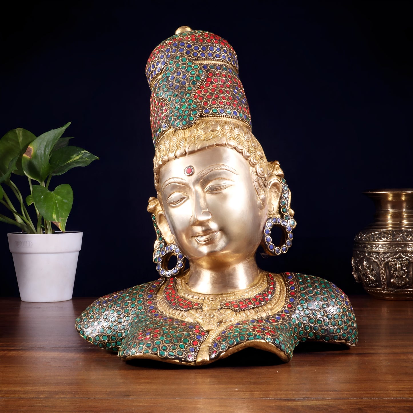 Brassaura™ Parvati (Gauri Maa) Bust | Pure Brass with Meenakari Stonework | Height 12.5 Inches & Weight 6 Kgs