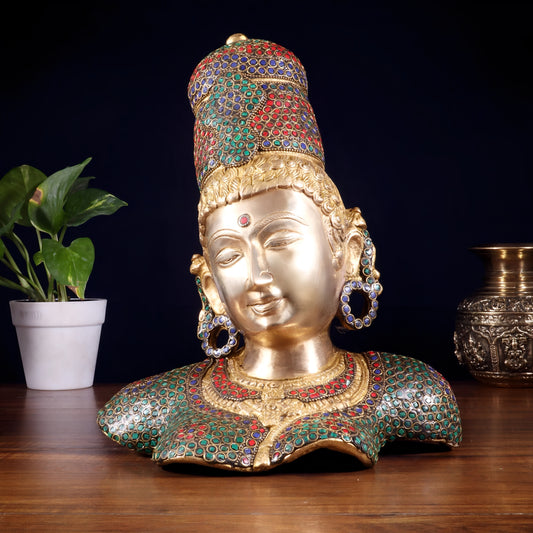 Brassaura™ Parvati (Gauri Maa) Bust | Pure Brass with Meenakari Stonework | Height 12.5 Inches & Weight 6 Kgs