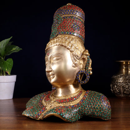 Brassaura™ Parvati (Gauri Maa) Bust | Pure Brass with Meenakari Stonework | Height 12.5 Inches & Weight 6 Kgs