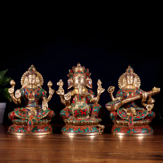 Brassaura® Ganesha Lakshmi Saraswati Idol Set with Multicolor Floral Stone Inlay | Pure Superfine Brass Handcrafted Murti | Brass Statue for Home Temple, Pooja Room | Height 9.5 Inches | Weight 9.9 Kgs