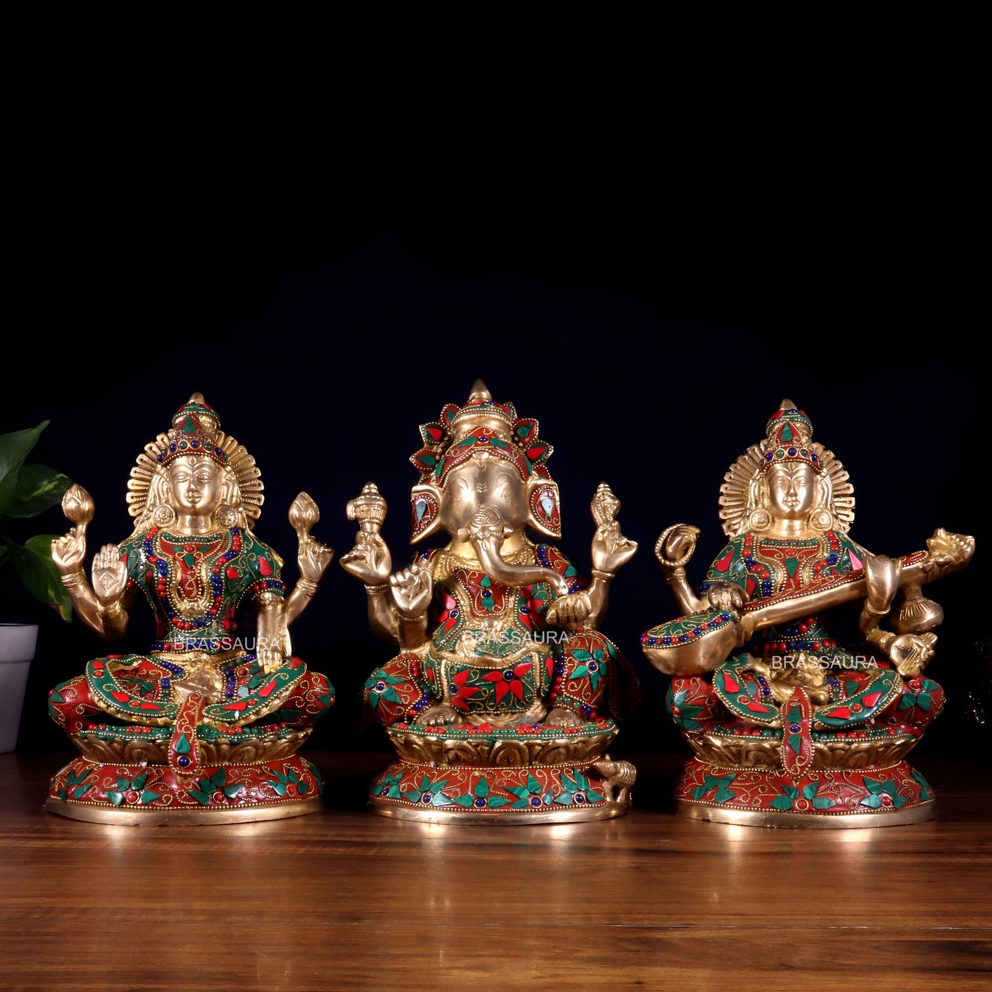 Brassaura™ Brass Lakshmi Ganesha Saraswati Idol Set | Height 9.5 Inches & Total Weight 9.9 Kgs