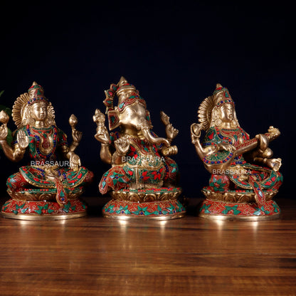 Brassaura™ Brass Lakshmi Ganesha Saraswati Idol Set | Height 9.5 Inches & Total Weight 9.9 Kgs