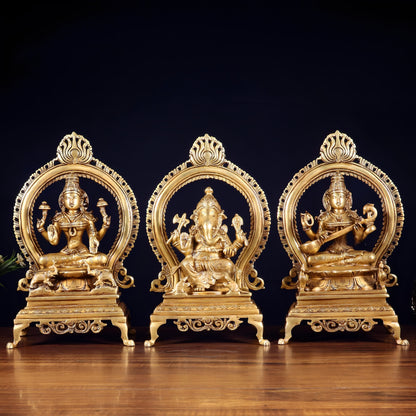 Brassaura™ Brass Lakshmi Ganesha Saraswati Idol Set with Prabhavali Frame | Pure Brass Handcrafted Trio | Height 13 Inches & Total Weight 18 Kgs