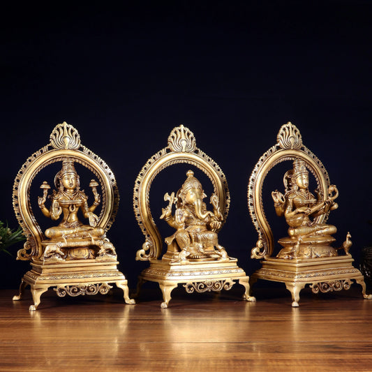 Brassaura™ Brass Lakshmi Ganesha Saraswati Idol Set with Prabhavali Frame | Pure Brass Handcrafted Trio | Height 13 Inches & Total Weight 18 Kgs