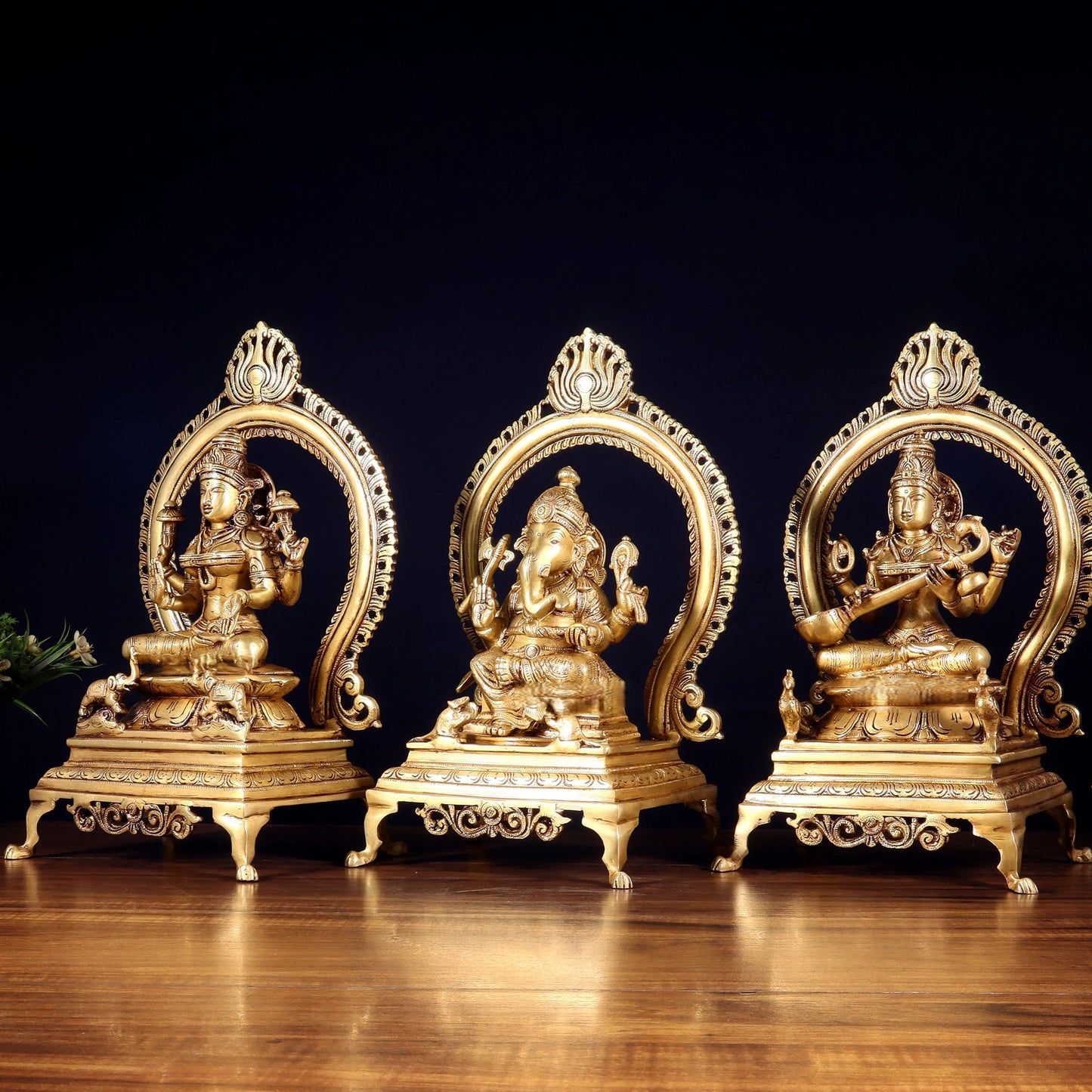 Brassaura™ Brass Lakshmi Ganesha Saraswati Idol Set with Prabhavali Frame | Pure Brass Handcrafted Trio | Height 13 Inches & Total Weight 18 Kgs
