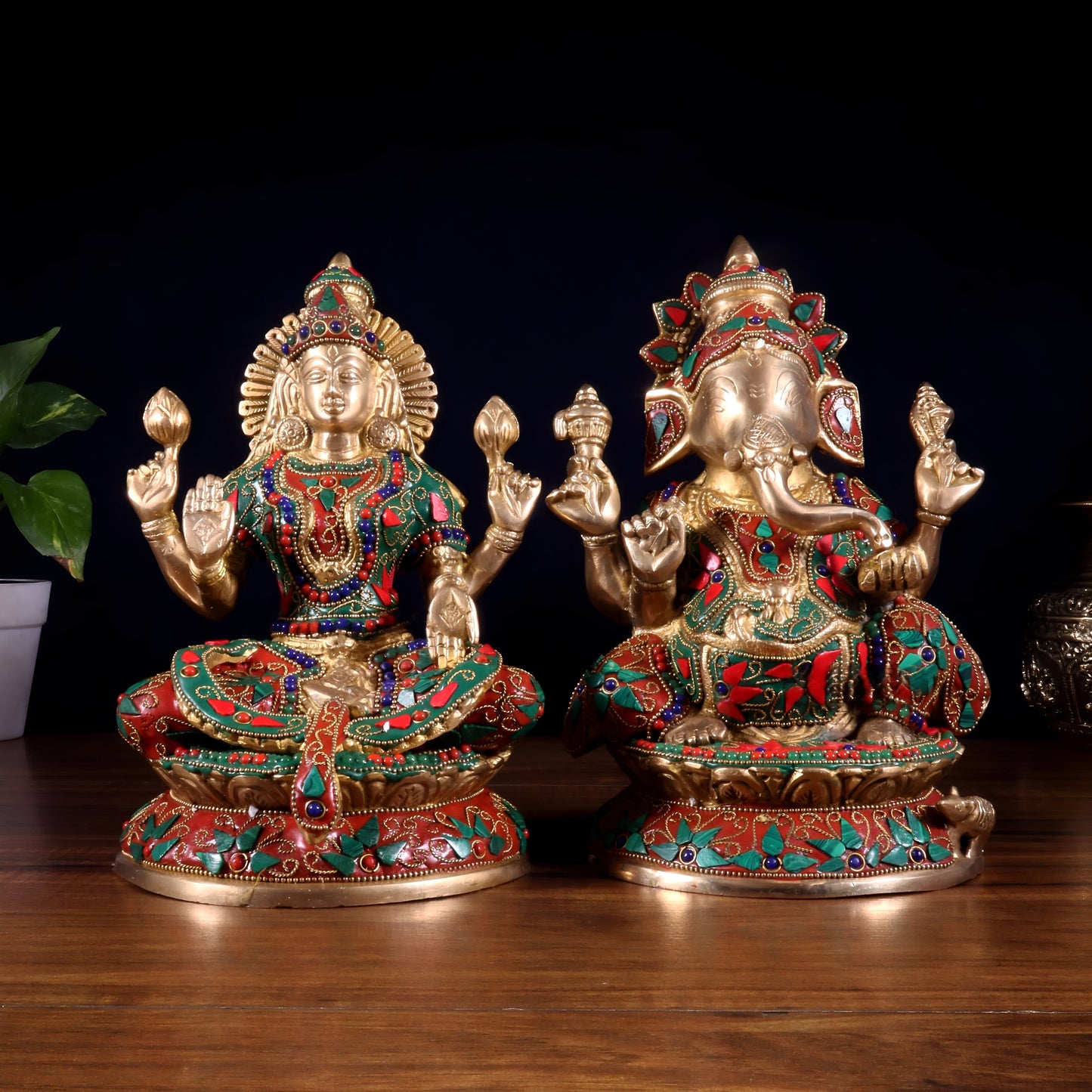 Brassaura™ Lakshmi Ganesha Brass Idol Set | Pure Brass with Floral Stonework | Combined Weight 6.3 Kgs