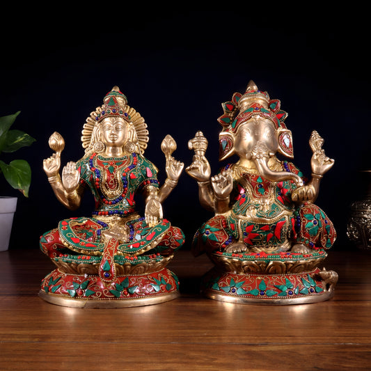 Brassaura™ Lakshmi Ganesha Brass Idol Set | Pure Brass with Floral Stonework | Combined Weight 6.3 Kgs