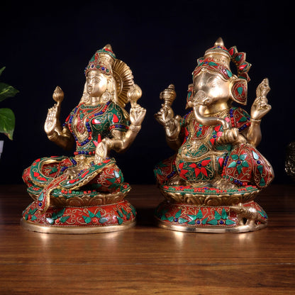 Brassaura™ Lakshmi Ganesha Brass Idol Set | Pure Brass with Floral Stonework | Combined Weight 6.3 Kgs