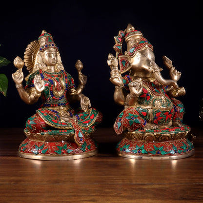 Brassaura™ Lakshmi Ganesha Brass Idol Set | Pure Brass with Floral Stonework | Combined Weight 6.3 Kgs