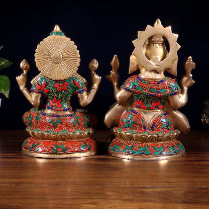 Brassaura™ Lakshmi Ganesha Brass Idol Set | Pure Brass with Floral Stonework | Combined Weight 6.3 Kgs