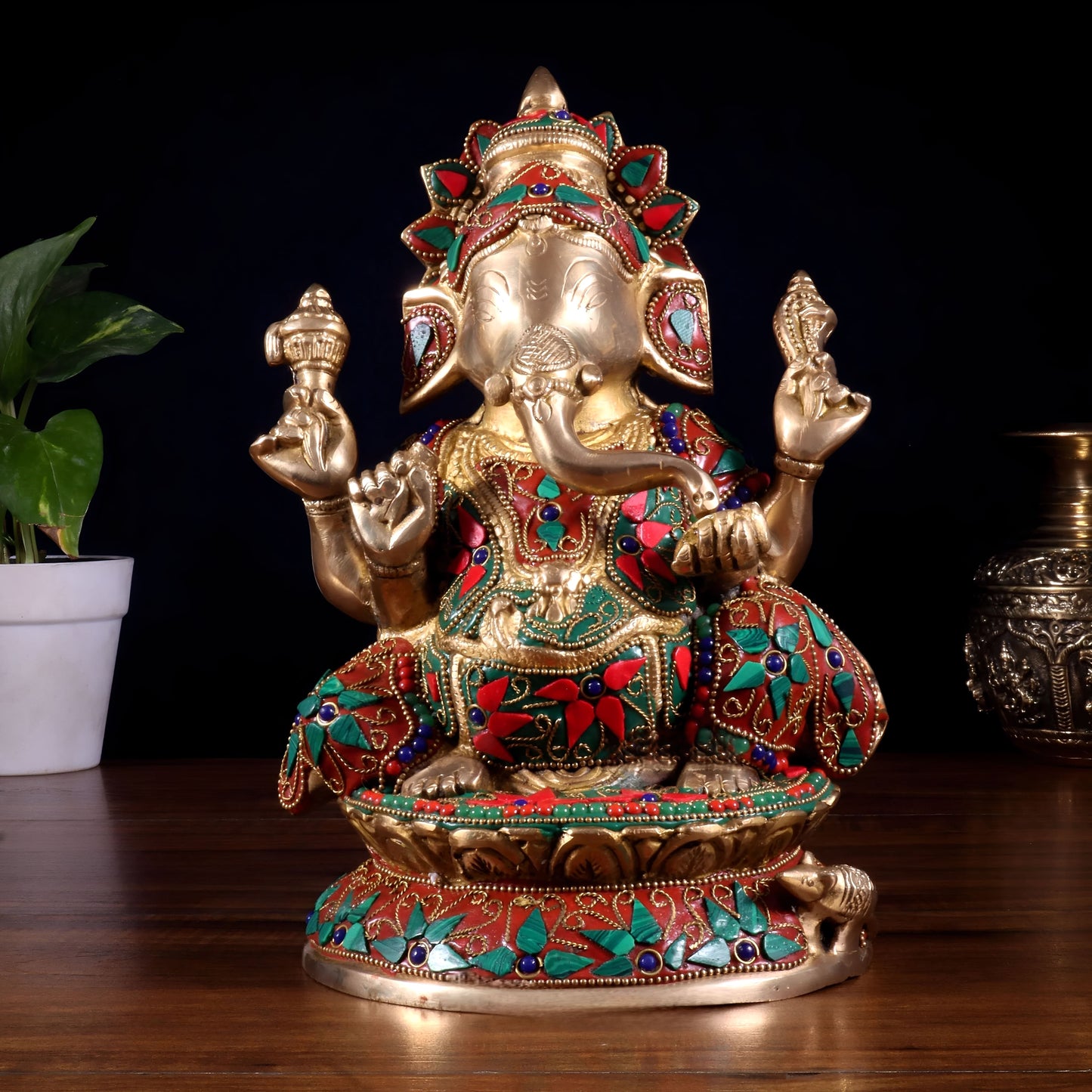 Brassaura® Handcrafted Pure Brass Ganesha Idol with Intricate Floral Stone Inlay | Height 9.5 Inches