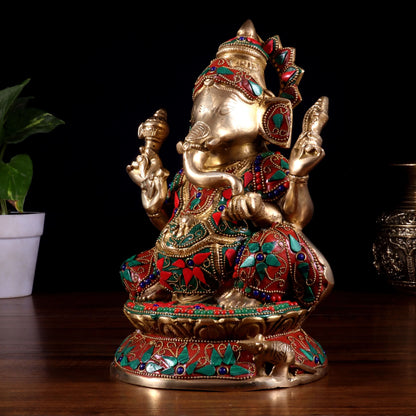Brassaura® Handcrafted Pure Brass Ganesha Idol with Intricate Floral Stone Inlay | Height 9.5 Inches