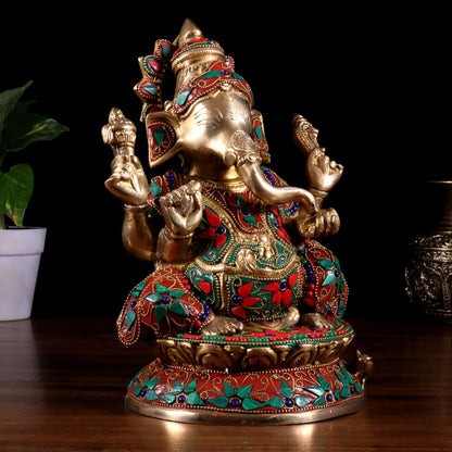 Brassaura® Handcrafted Pure Brass Ganesha Idol with Intricate Floral Stone Inlay | Height 9.5 Inches