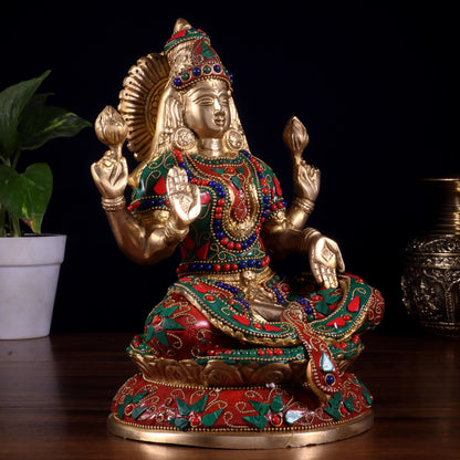 Brassaura™ Goddess Lakshmi Seated on Lotus | Pure Brass with Floral Stonework | Height 9 Inches & Weight 3.5 Kgs