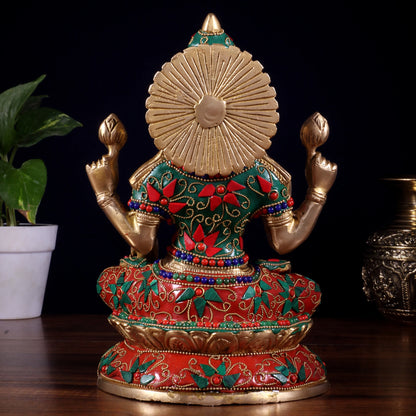 Brassaura™ Goddess Lakshmi Seated on Lotus | Pure Brass with Floral Stonework | Height 9 Inches & Weight 3.5 Kgs