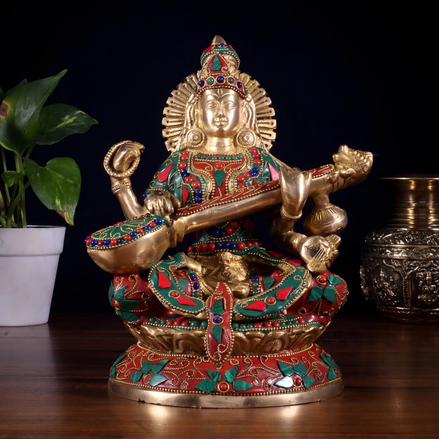 Brassaura™ Goddess Saraswati with Veena | Pure Brass with Hand-Applied Stonework | Height 9 Inches & Weight 3.3 Kgs