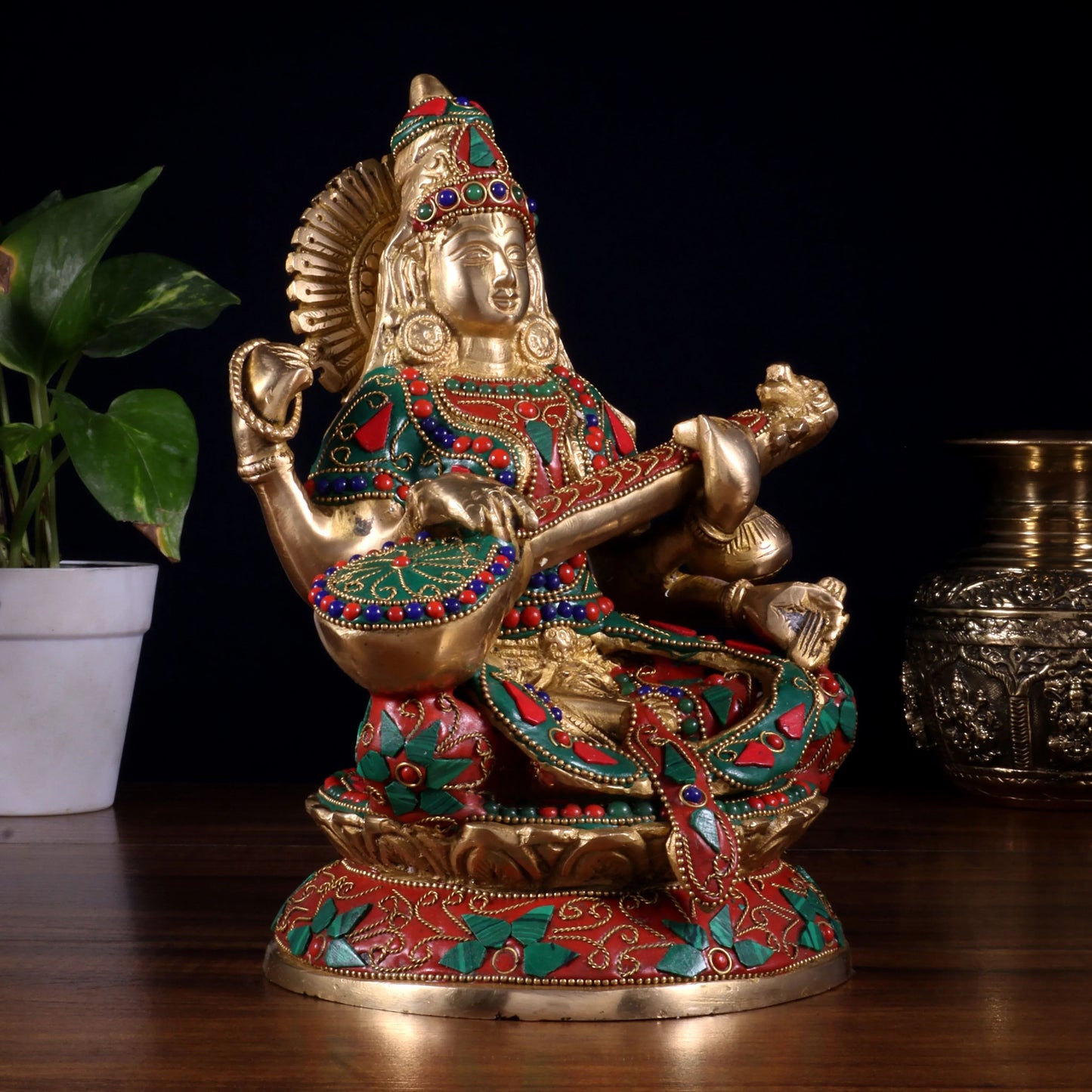 Brassaura™ Goddess Saraswati with Veena | Pure Brass with Hand-Applied Stonework | Height 9 Inches & Weight 3.3 Kgs