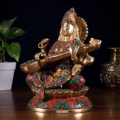 Brassaura™ Goddess Saraswati with Veena | Pure Brass with Hand-Applied Stonework | Height 9 Inches & Weight 3.3 Kgs
