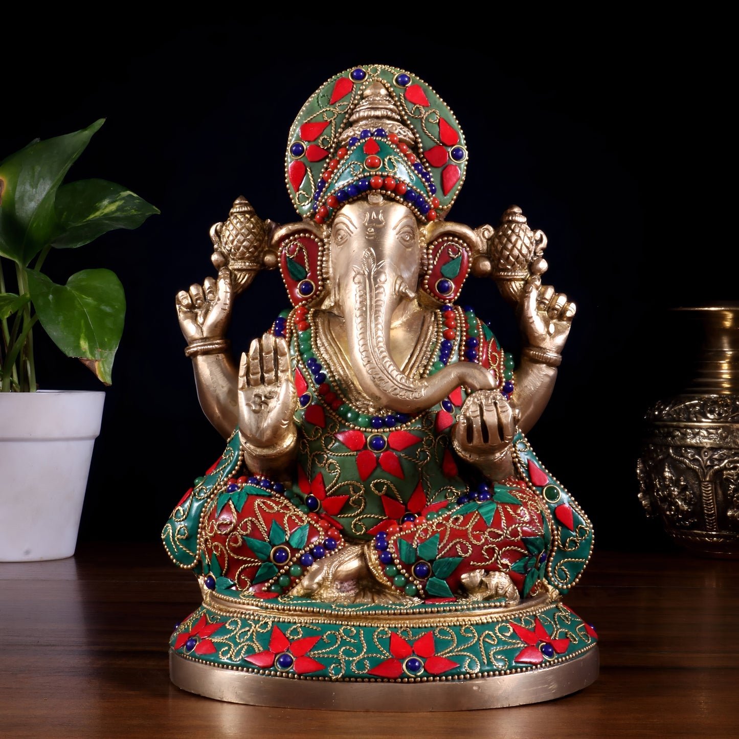 Brassaura™ Pure Brass Lord Ganesha Idol with Stonework | Handcrafted Spiritual Showpiece | Weight 2.9 Kgs | Height 8 Inches