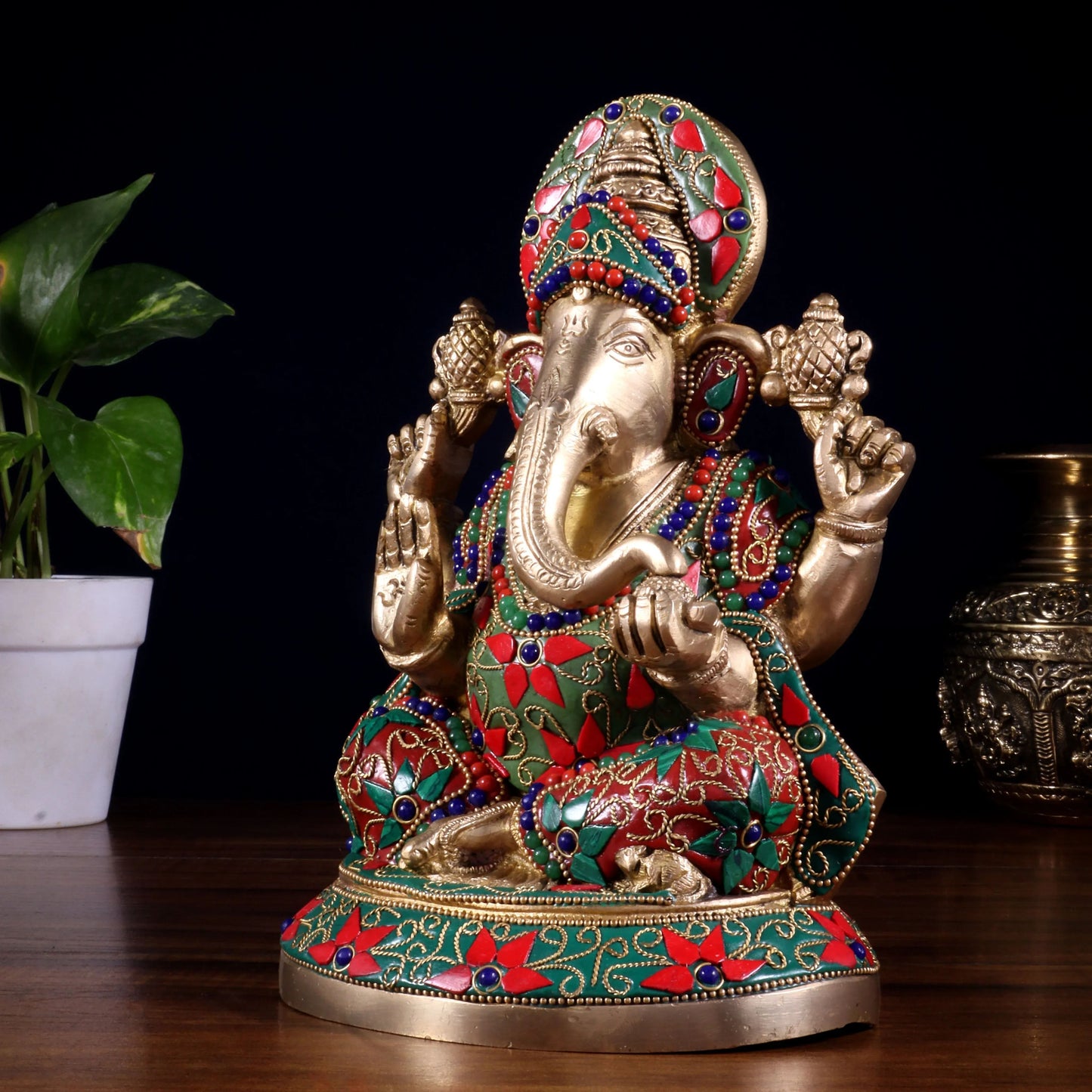 Brassaura™ Pure Brass Lord Ganesha Idol with Stonework | Handcrafted Spiritual Showpiece | Weight 2.9 Kgs | Height 8 Inches