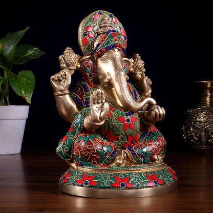 Brassaura™ Pure Brass Lord Ganesha Idol with Stonework | Handcrafted Spiritual Showpiece | Weight 2.9 Kgs | Height 8 Inches