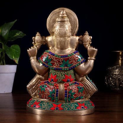Brassaura™ Pure Brass Lord Ganesha Idol with Stonework | Handcrafted Spiritual Showpiece | Weight 2.9 Kgs | Height 8 Inches