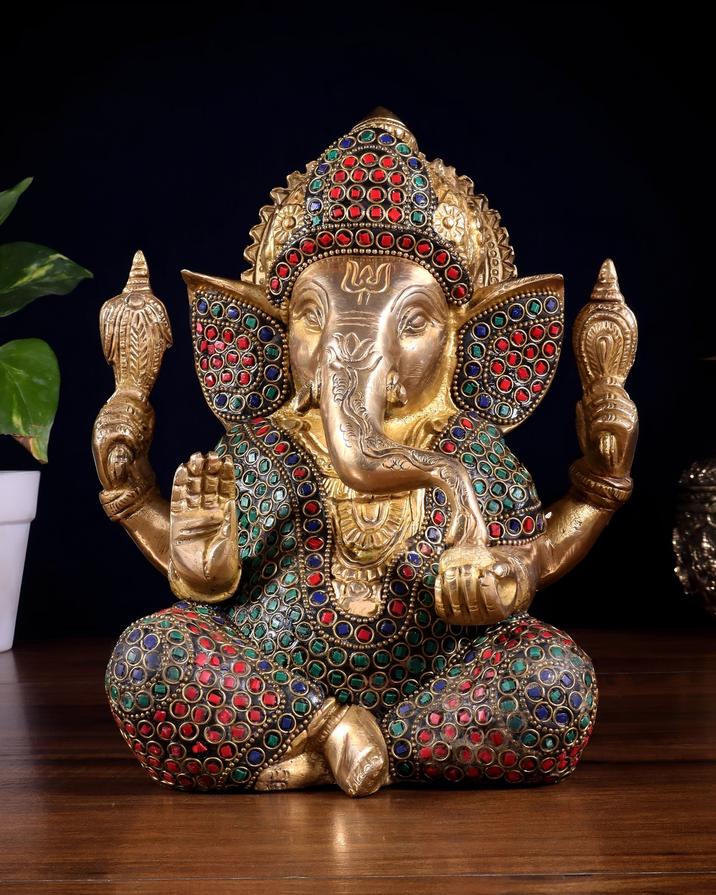 Brassaura® Brass Lord Ganesha Idol with Stone Inlay & Decorative Rings | Height 7.5 Inches & Weight 3.6 Kgs