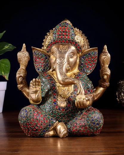 Brassaura® Brass Lord Ganesha Idol with Stone Inlay & Decorative Rings | Height 7.5 Inches & Weight 3.6 Kgs