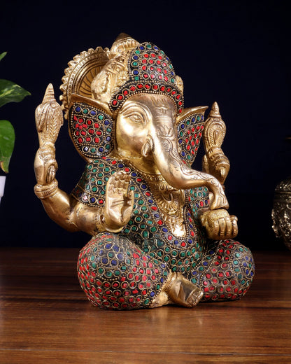 Brassaura® Brass Lord Ganesha Idol with Stone Inlay & Decorative Rings | Height 7.5 Inches & Weight 3.6 Kgs