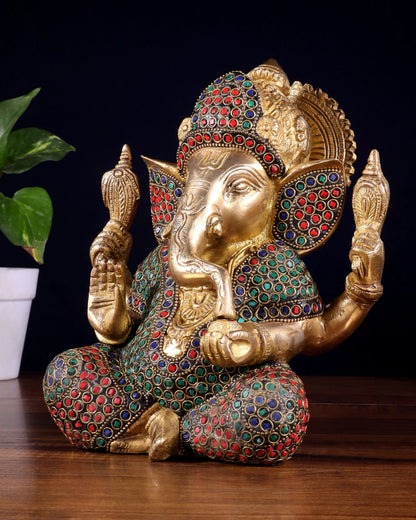 Brassaura® Brass Lord Ganesha Idol with Stone Inlay & Decorative Rings | Height 7.5 Inches & Weight 3.6 Kgs